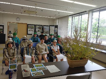 会議室で紫の花のようす、なぜ絶滅危惧種になったかなどの紹介