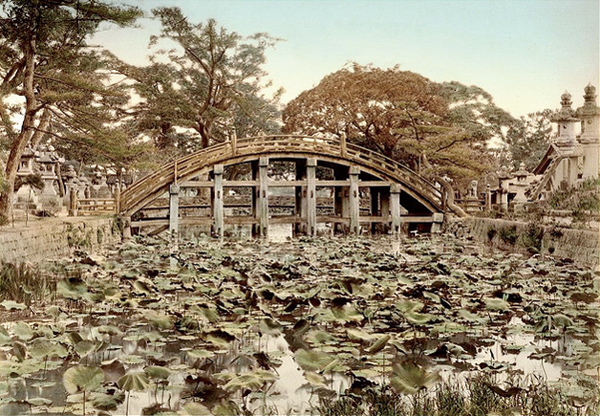 写真⑥ 明治時代の反橋と神池(着色写真)