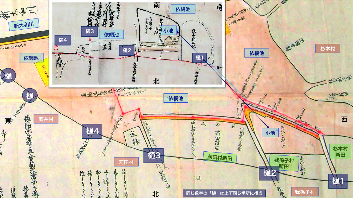 図②（上図）我孫子村・庭井村領依網池用水立会　1704年大和川開削以前の近世初頭と推定
  図③（下図）依網池北残池における我孫子村新田開発地絵図、1723年、寺田家文書・絵図編より