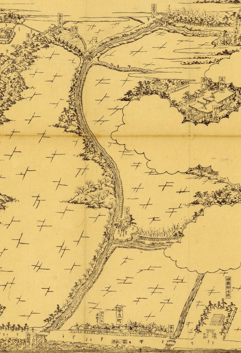 江戸後期の細江川と龍の橋・１つ橋・浅澤・大歳社・御祓橋の様子（文政１０年［1827］刊『摂州住吉宮地全図』より）